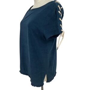 Chicos Sz 0 US 4 Navy Blue Lace Up Sleeve Frayed Hem Tunic Top Women Streetwear